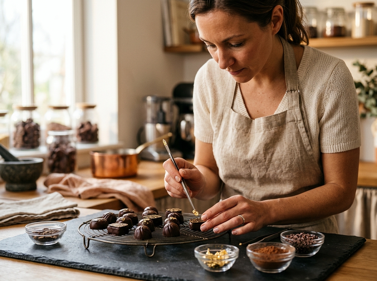 Master chocolatier hand decorating truffles
